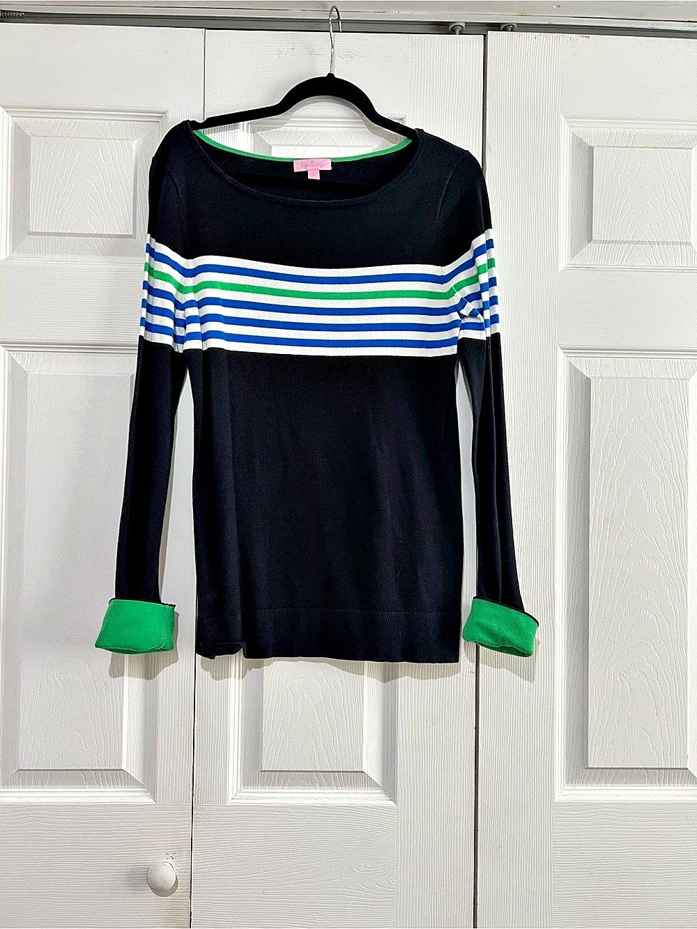 Lilly Pulitzer Striped Long Sleeve Top in Black, Green & Blue Size Large